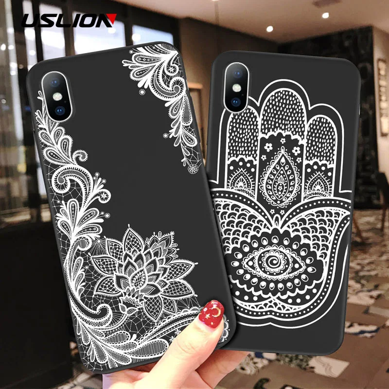 

USLION Lace Flower Case For iPhone 7 6 6s 8 Plus Xs Max XR X Mandala Floral Phone Cover For iPhone 5 5s SE Soft TPU Black Cases