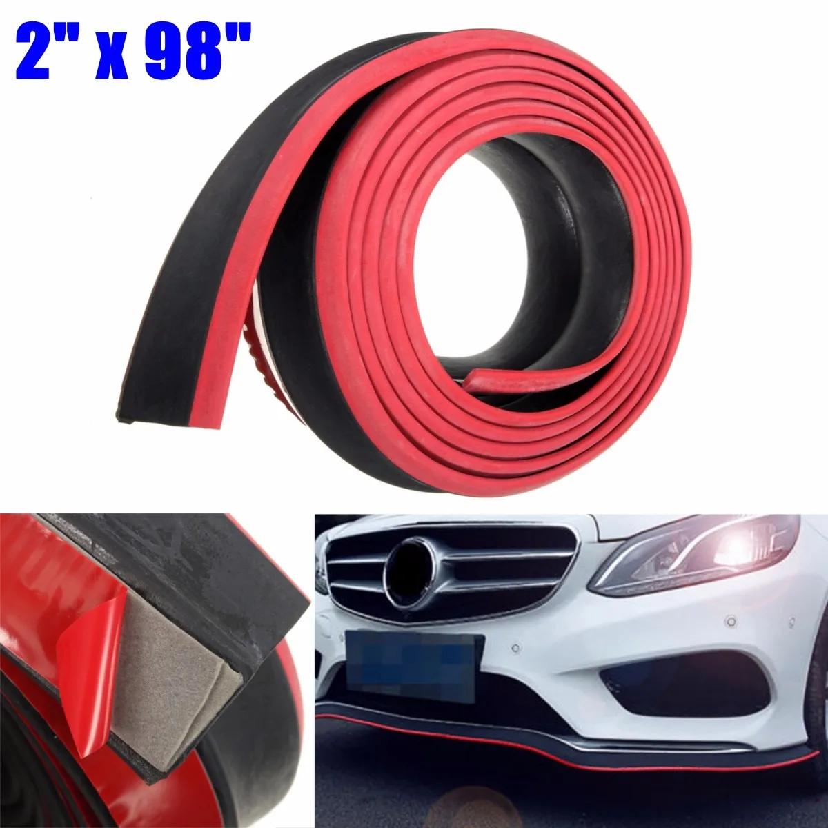 

2'' x 98'' Black and Red Car Front Rubber Bumper Lip Chin Skirt Splitter Body Spoiler Protector Trim Strip Tool Universal