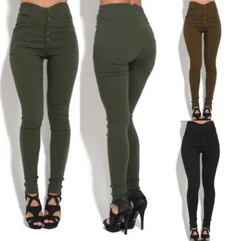 

Fashion Women's Casual High Waisted Pencil Pants Basic Solid Stretchy Leggings Slim fit Trousers with Buttons