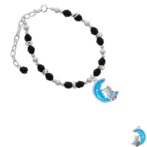 Silvertone Large Blue Owl on Hot Moon Black Beaded Bracelet |