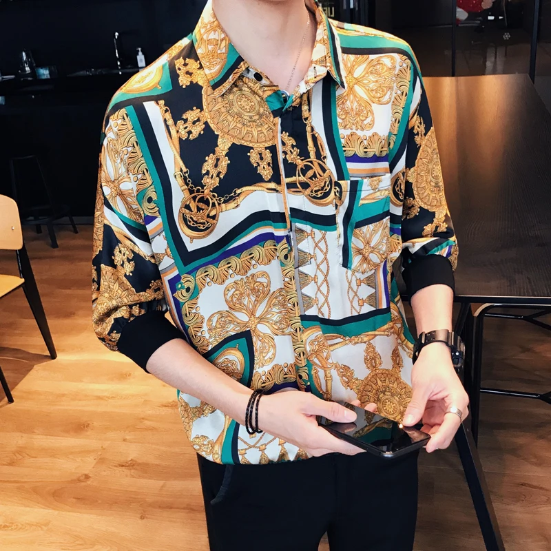 Повседневная Новая приталенная рубашка смокинг с принтом для мужчин Camisa Masculina