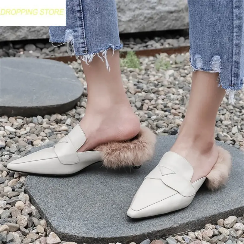 

New Womens Cow Leather Low Heel Wedding Party Pumps Shoes Rabbit Fur Pointed Toe Slippers Winter Warm Casual Shoes