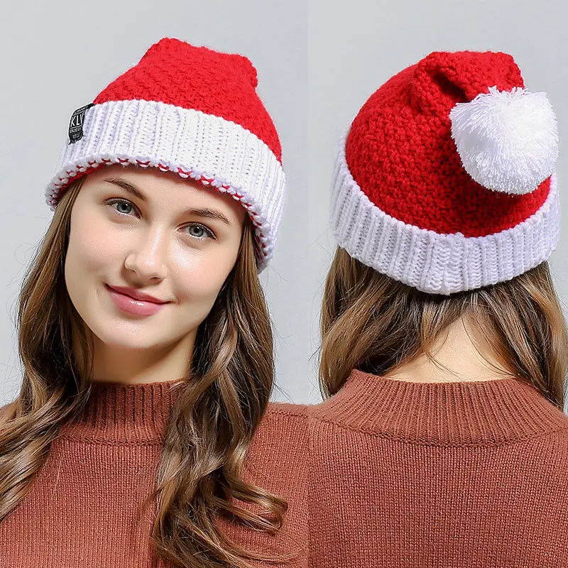 Women Ladies Warm Wool Knitted Santa Cap Fur Pom Red Pom Beanie Bobble Hat Xmas T Hats Women