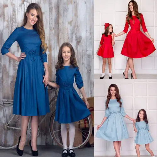 

Family Matching Dress Mother Daughter Kids Girl Women Bowknot Long Sleeve Tutu Dresses Sundress Pageant Princess Party Outfits