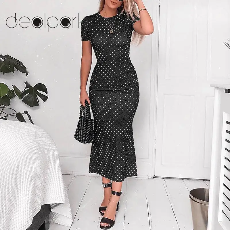 

Women Polka Dot Long Dress 1920s 1950s Vintage Dress Short Sleeves O Neck Slim Stretch Maxi Dress Casual Long Gowns Robe female