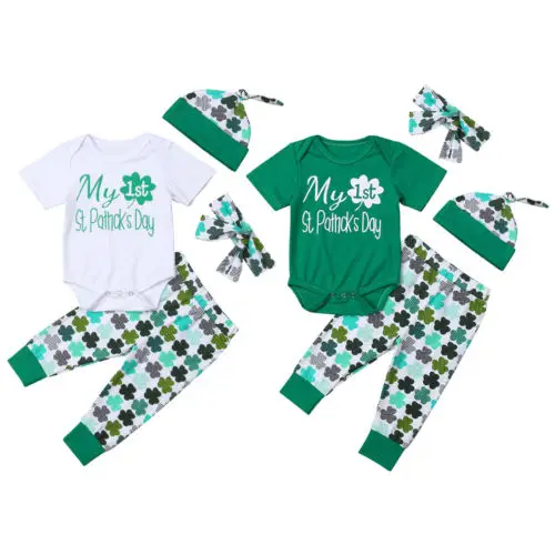 Lucky Clover Holiday Pants 3PCS Outfit Set Newborn Baby Boys My 1st St Patricks Day Romper