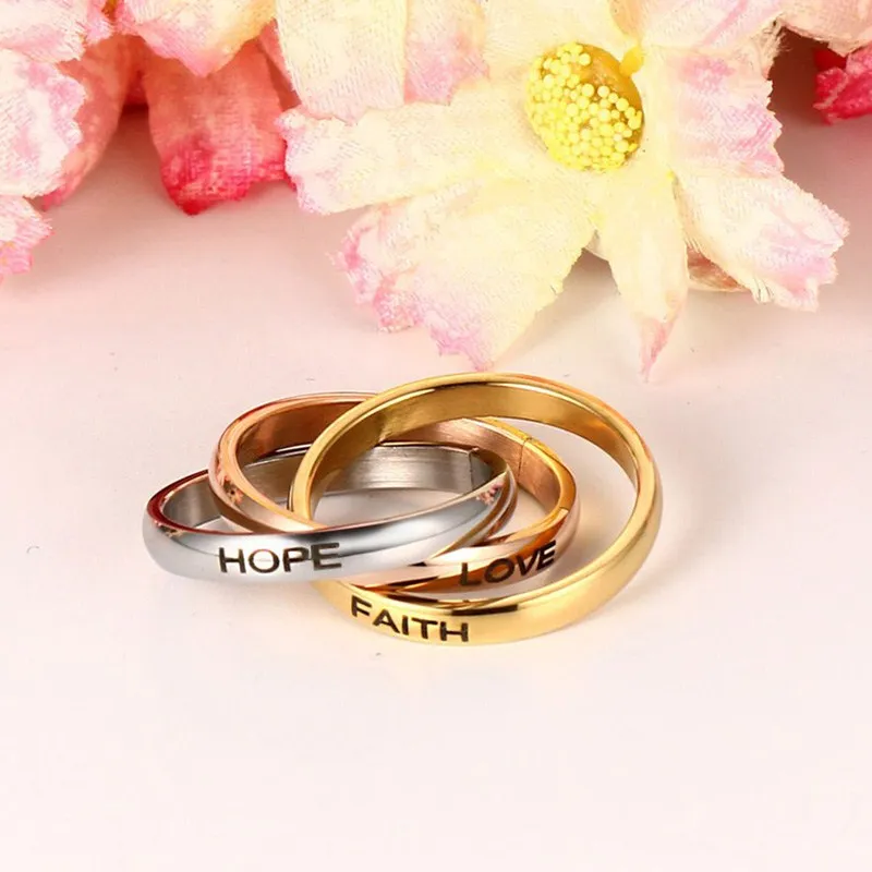 Красивые женские кольца 3 мм из нержавеющей стали три цвета тройное переплетенное кольцо обручальное кольцо лазерная любовь надеюсь религиозные украшения