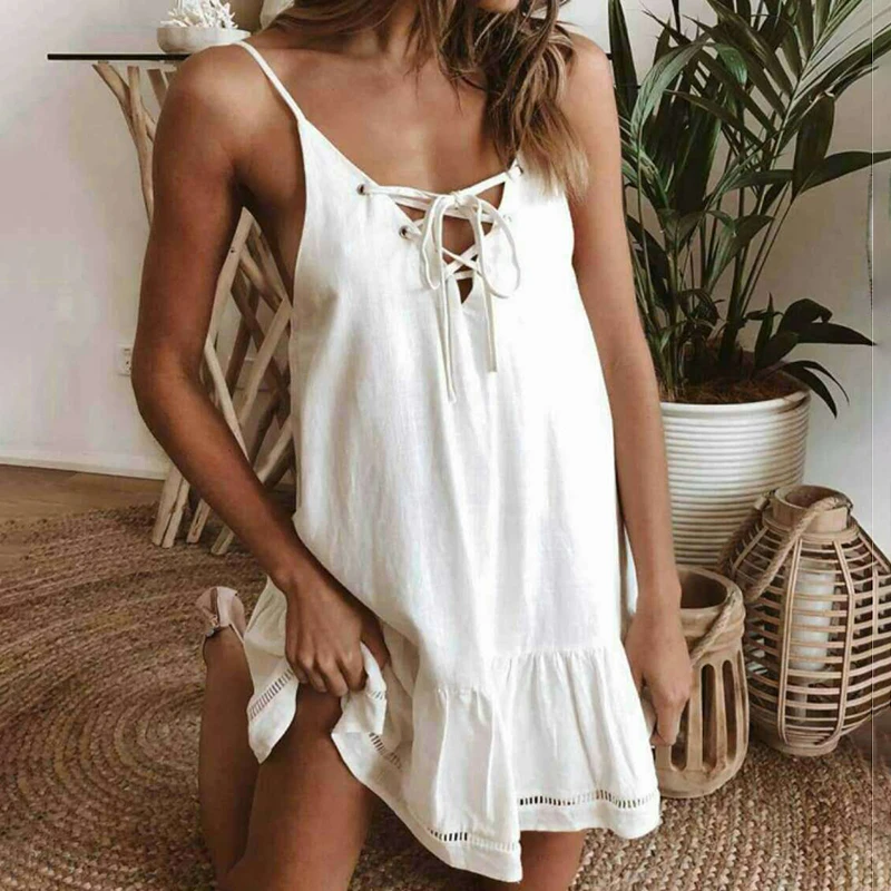 

Women's Sleeveless V-Neck Solid Color Loose Lace Up Casual Ruffled Summer Party