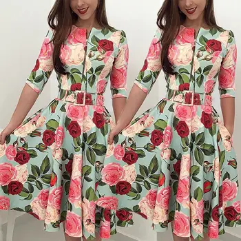 

Plus Size Ladies Flower Dress Womens Long Sleeve Floral Knee Length Dress Party Pleated Zipper Skater Dress Women Clothing