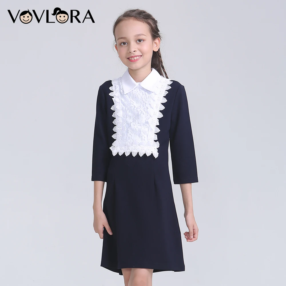 

Long Sleeve Detachable Collar School Dress For Girl Lace Kids Dresses Autumn 2018 School Uniforms Size 9 10 11 12 13 14 Years