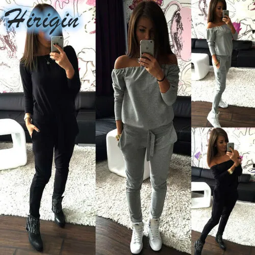 

Summer Womens Ladies Casual Long Sleeve Off Shoulder Loose Jumpsuit Cotton Solid High Waist Lace Up Jumpsuit