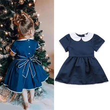 Платье для девочек платье принцессы для девочек Детские Вечерние платья подружки невесты на свадьбу, темно-синие платья-пачки модное платье с кукольным воротником и бантом для девочек