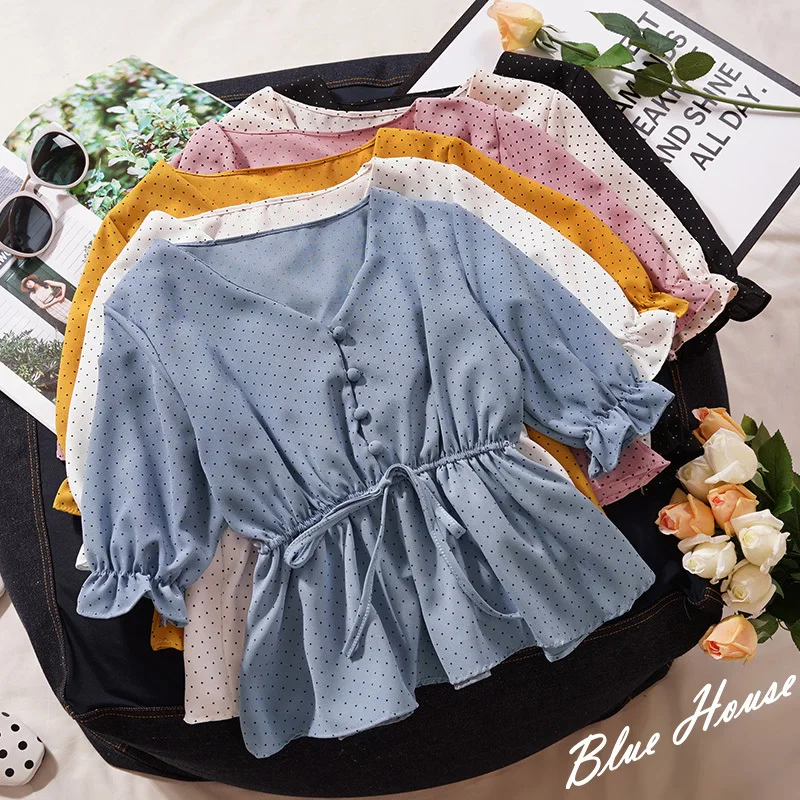 

.polka Dot V-neck Blouse Women High Waist Drawstring Half Sleeve Chiffon Shirt Female Blue Pink White Pullover Tops Shirt