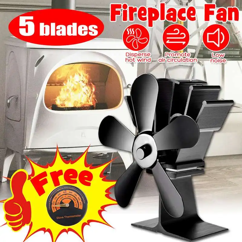 

5 Blade Heat Powered Stove Fan With Thermometer Eco Friendly Quiet Home Fireplace Fan Efficient Heat Distribution Fuel Saving
