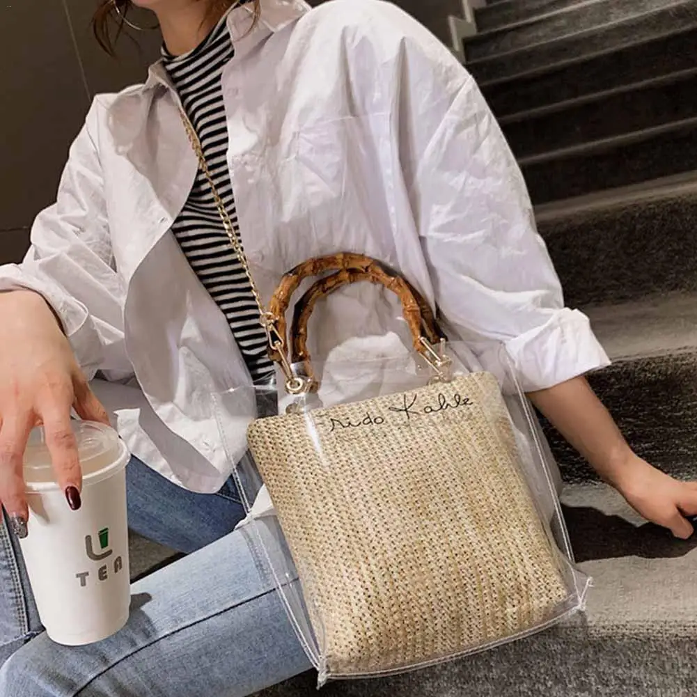 النساء شفافة PVC حقيبة كتف اليد المنسوجة حقيبة يد من القش الكورية الأزياء الشاطئ سلسلة رسول Crossbody أكياس واضح حقائب