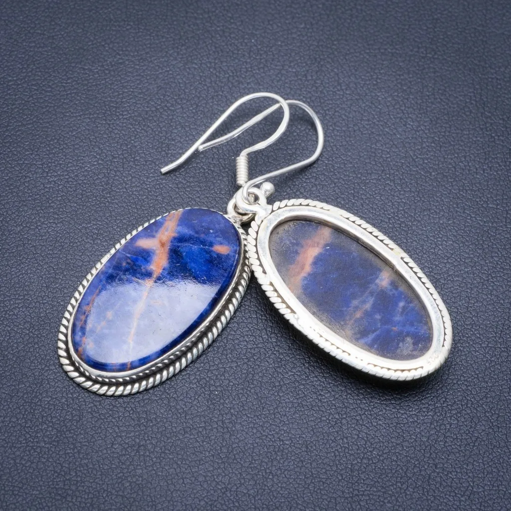 

Natural Orange Sodalite Handmade Unique 925 Sterling Silver Earrings 2" A2151