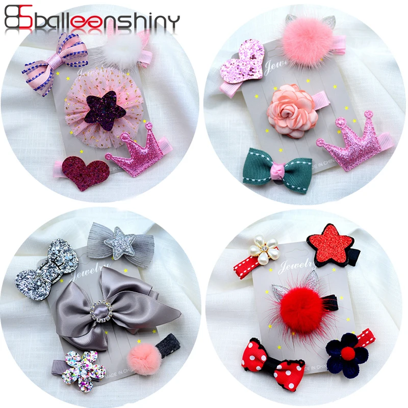 

BalleenShiny 5PCS Glitter Bow Crown Headwear Set Child Kids Fashion Princess Lace Flower Hairpins Fur Ball Hair Clip Headdress