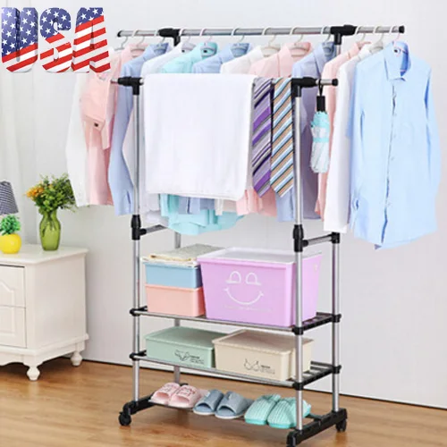  Heavy Duty Double Rail Adjustable Telescopic Rolling Clothing and Garment Rack Portable Hanger on W