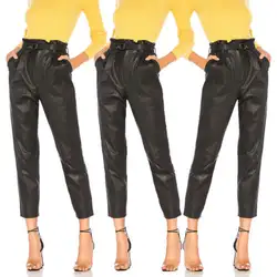 Для женщин женские кожаные Высокая Талия Jegging тянущиеся штаны с карманами и брючный пояс женские ботильоны-Длина брюки