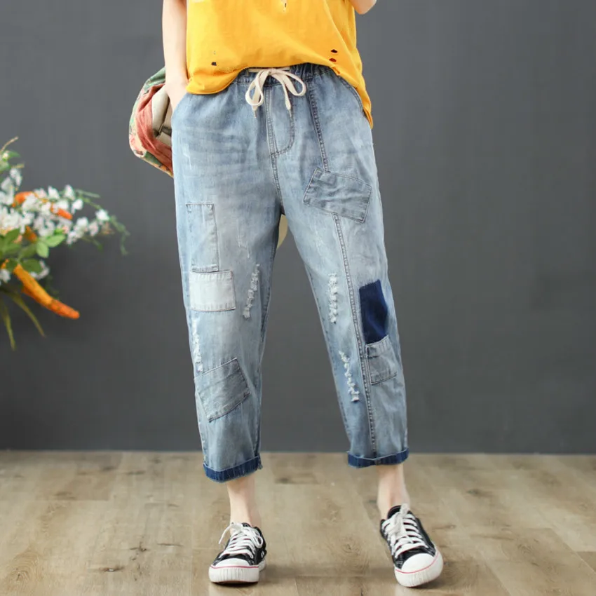 

High Waist Jeans Woman Summer Patchwork Denim Pants Capri Jeans For Women Ripped Hole Harem Pants Female