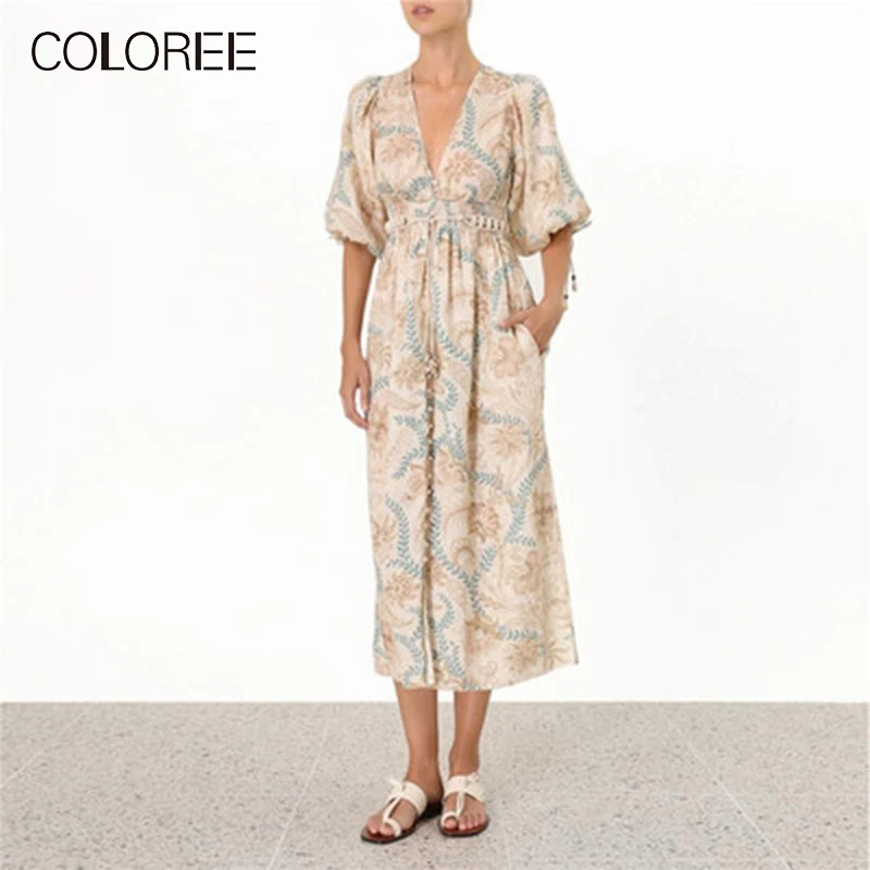 

COLOREE High Grade Runway Designer Long Dress 2019 Summer Leaves Print Lace-up Lantern Sleeve Vacation Beach Bohemian Dress