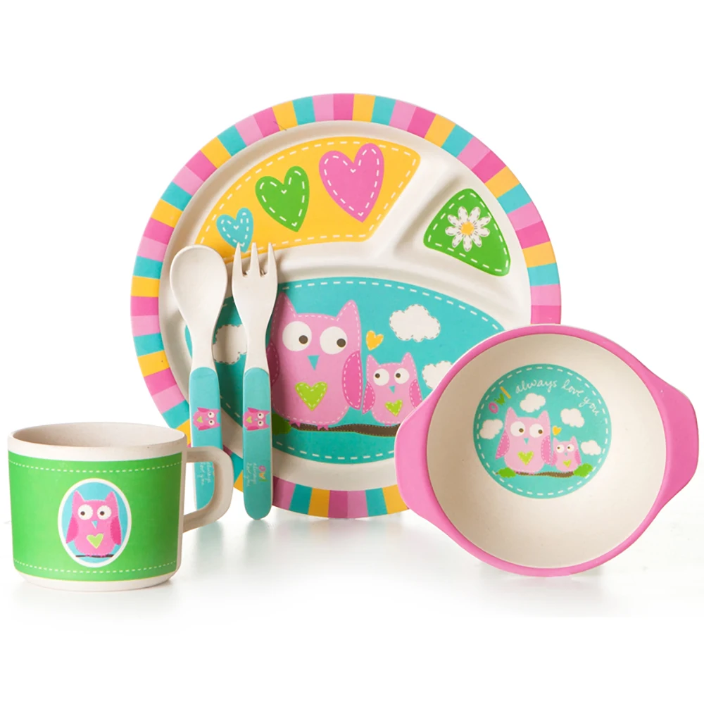 

5Pcs/set Eco-friendly Bamboo Fiber Set Round Divided Plate Bowl Cup Spoon Fork Baby Tableware Toddler Plate Bamboo Dishes