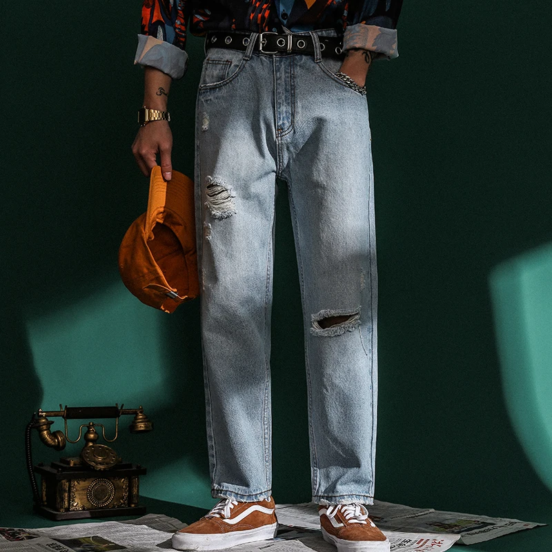 

Men's Trousers19 Spring And Summer New Youth Popular Knee Hole Washed Denim Nine Pants Small Straight Foot Casual Men's Clothing