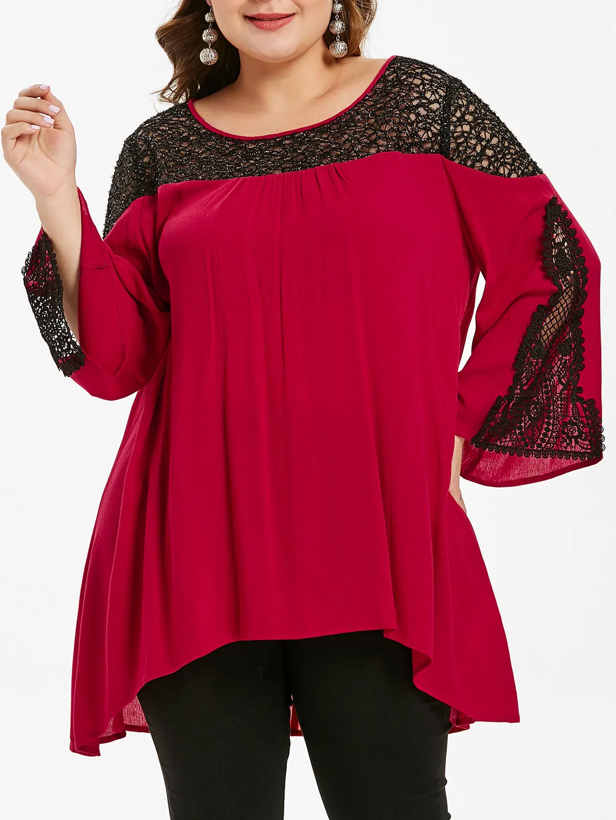 Joineles High Low Lace Panel Blouse Plus Size Women Shirts Fashion