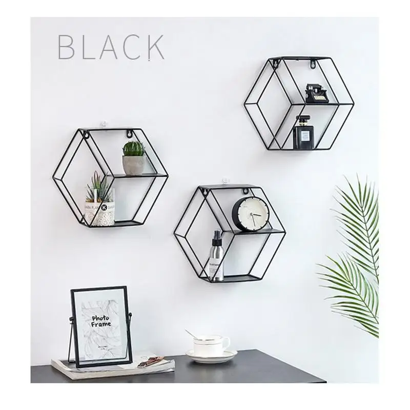 Hexagon Decorative Hanging Wall Shelf Wrought Iron Storage Rack Living Room bedroom DIY Wall Decor Holder Flower Pot Craft Shelf - Image 2