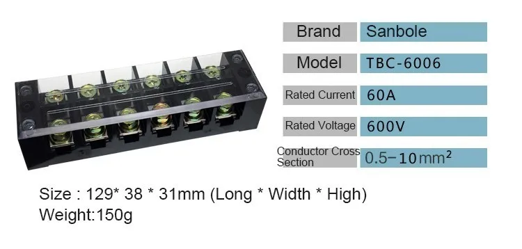 Клеммные колодки TBC 6006 TB 606 60A/6P 600V двухрядные клеммы из меди с 12 винтами 0 5 10