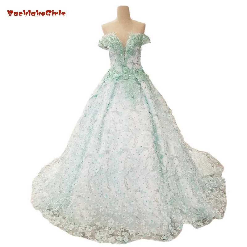 

BacklakeGirls 2018 Mint Green Lace Wedding Dresses Sleeveless Sweetheart Court Train Ball Gown Off The Shoulder Bridal Gowns