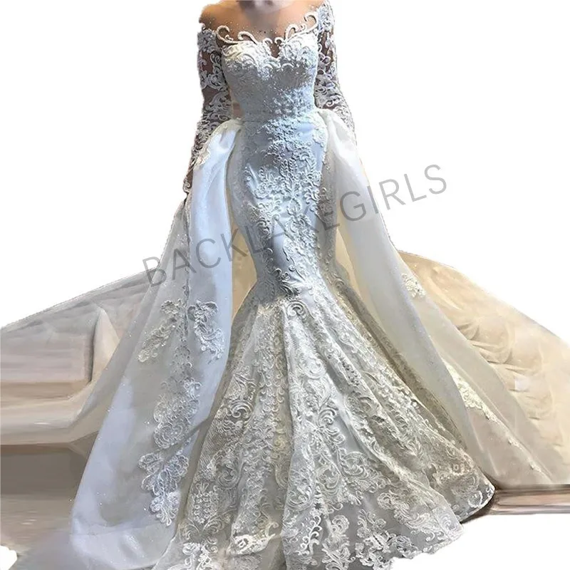 Новейшее свадебное платье русалки с длинным рукавом и прозрачной горловиной свадебное платье кружевное на заказ аппликация Отделяемый