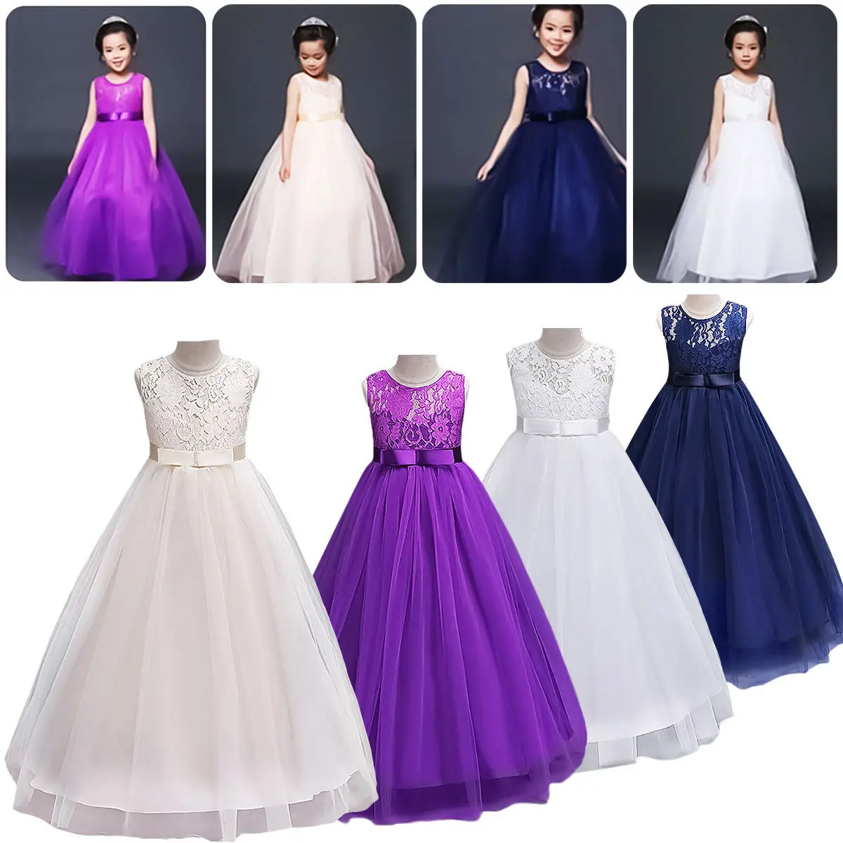 

Flower Girls Chiffon Dresses Princess Sleeveless Wedding Bridesmaid Pageant Formal Dress Purple White High Quality Dress 3-12Y