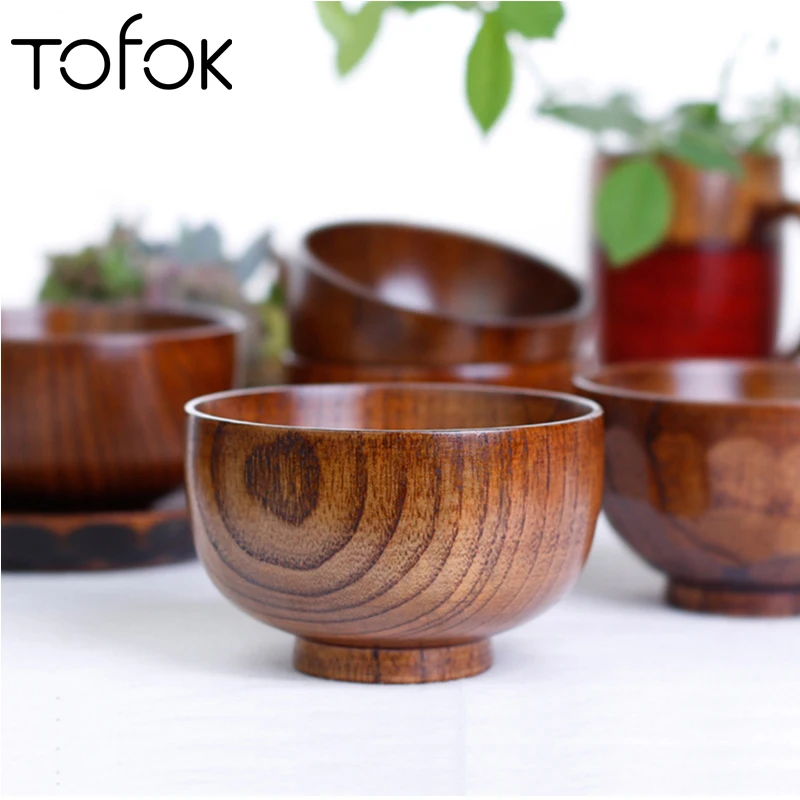 

Tofok 1PC Fashion Natural Wood Round Bowl Kitchen Handmade For Kid Fruit Rice Soup Noodle Vegetables Dishes Bowl Hotel Tableware