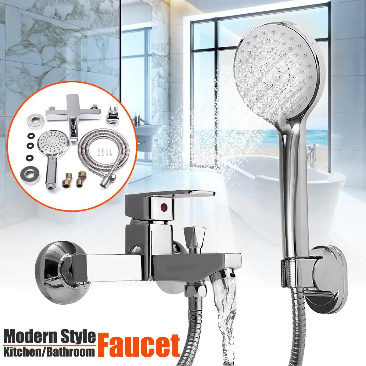 

1 Set Bath Shower Faucet Rainfall Chrome Mixer Tap with Hand Shower Head Set 5 function Wall Mounted Faucet Bathroom Water Mixer