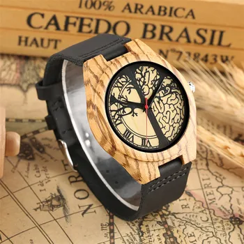 

Life Tree Design Wood Watch Mens Black Genuine Leather Man Wrist Clock Ultra-light Wooden Men's Watches Best Gifts reloj