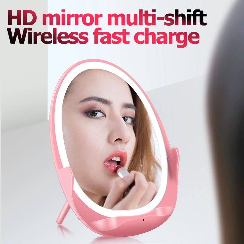 

5W/10W Touch Dimming Makeup Mirror with Lights 2 In 1 Double Use LED Standing Mirrior To Use As Wireless Charger for Makeup Tool