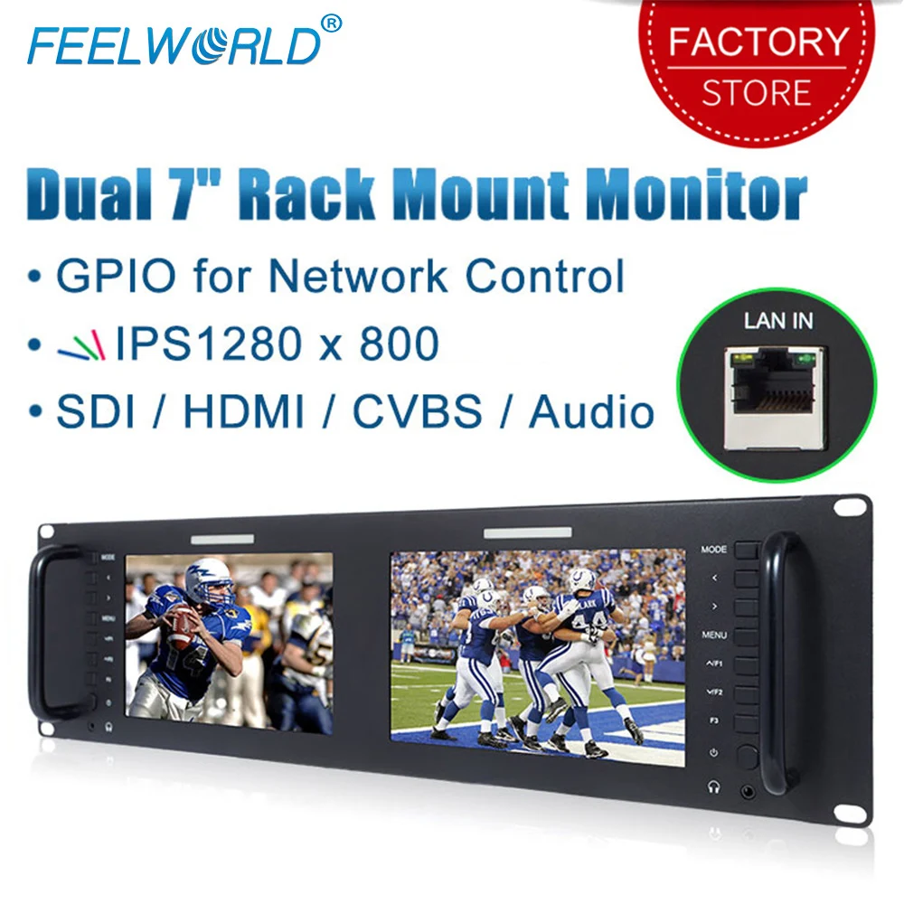 Feelworld D71 двойной 7-дюймовый 3RU монитор для установки в стойку ips 1280x800 вещания ЖК-дисплей Дисплей с 3g SDI HDMI AV Вход Выход LAN Порты и разъёмы