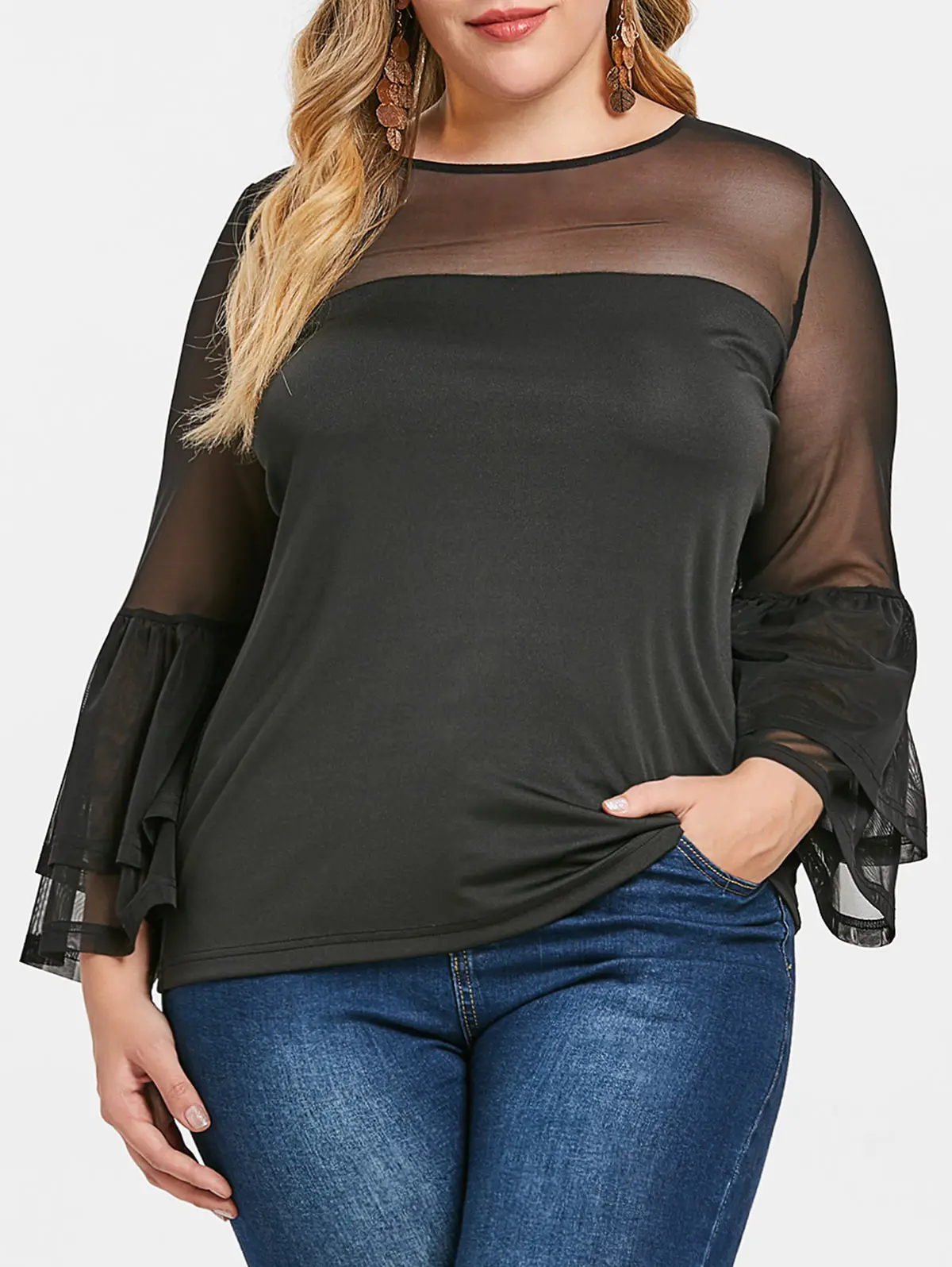 Kenancy Autumn Women Mesh Panel Blouses O Neck Flare Sleeve Transparent