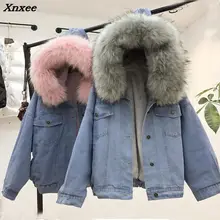 Зимняя женская джинсовая куртка, пальто с воротником из искусственного меха, флисовая куртка с капюшоном из овечьего меха, Кашемировое Ковбойское стеганое джинсовое пальто Xnxee