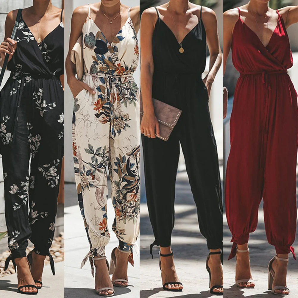2018 Print Sexy Autumn Jumpsuit Romper Women Deep V Neck Stripe Long Playsuit Boho Beach Jumpsuits For Bodysuit | Женская одежда