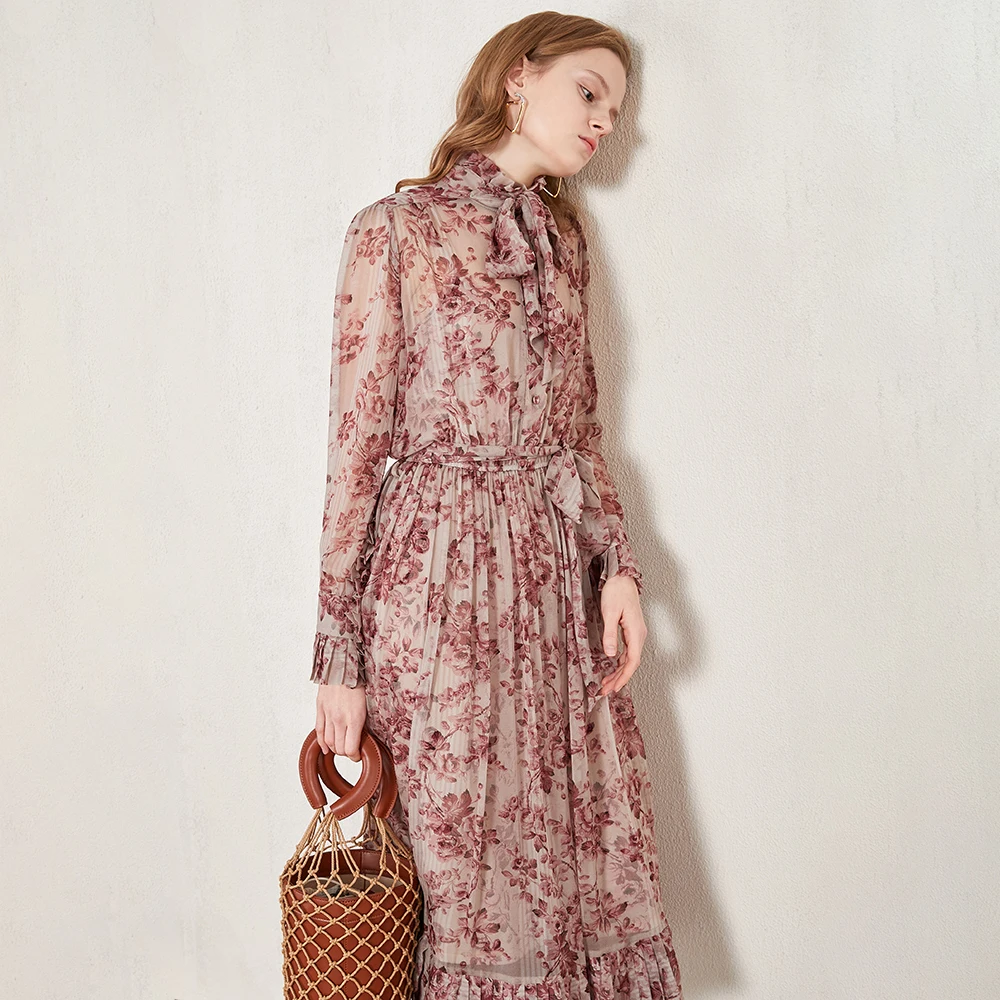 [LIVIVIO] Boho Цветочный Принт женское платье со стоячим кружевом и рюшами прерия шик