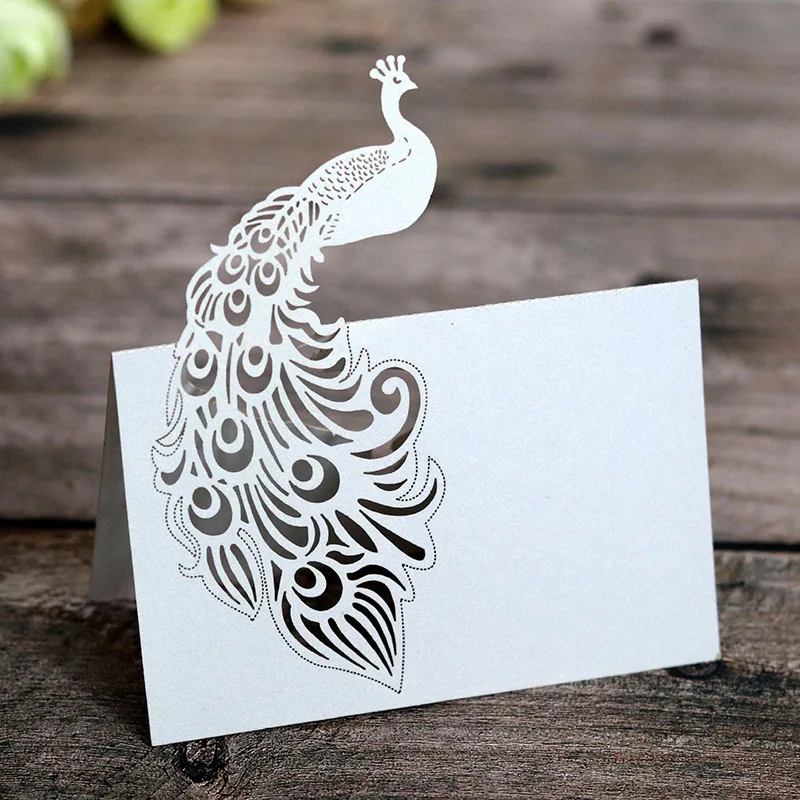 

50pcs/lot Laser Cut Hollow Peacock Table Card Seating Numbers Place Card for Wedding Party Table Decoration Supplies ED003