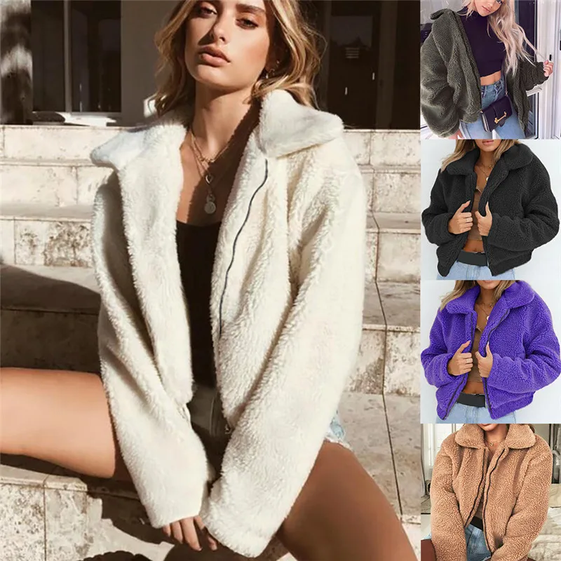 Модное меховое пальто для женщин, Дамское теплое пальто из искусственной шерсти, куртки на молнии, зимняя парка, верхняя одежда, пальто из искусственного меха, куртки