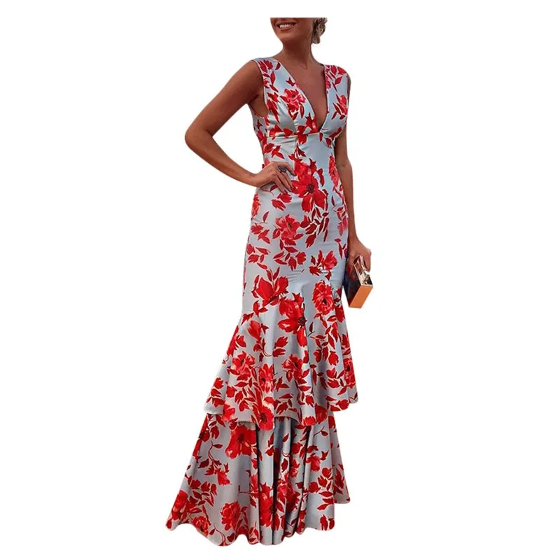 

Vintage Temperament V Neck Ruffles Unique Design Summer Dress Cascading Ruffle Women's Party Dress Elegant Sexy Dress