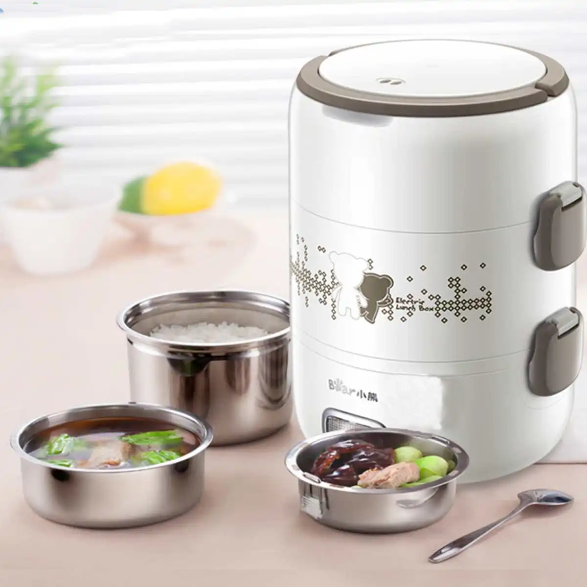 

2L 3 Layer Portable Lunch Box Electric Rice Cooker Steamer Meal Thermal Heating Automatic Food Container Warmer Cooking Pot 220V