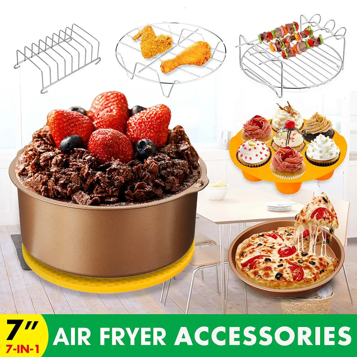 

High Quality 7Pcs Gold Set Air Fryer Accessories Set 7 Inch Kitchen Cooking Accessories Tools For Standard Air Fryer 3.2-6.8QT
