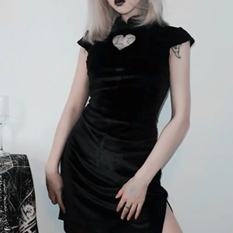 

Summer Sexy Club Gothic Punk Cheongsam Chinese Style Women Mini Dresses Bodycon Hollow Split Heart Stand Collar Goth Black Dress