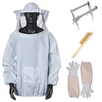 

4 in 1 Beekeeping Jacket with Veil Beekeeper Jacket Gloves Bee Hive Brush and Bee Box Clip