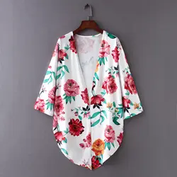 Новый Повседневное осень для женщин Цветочный кимоно кардиган блузка с открытой передней разделение длинным рукавом Тонкий Женское пальто